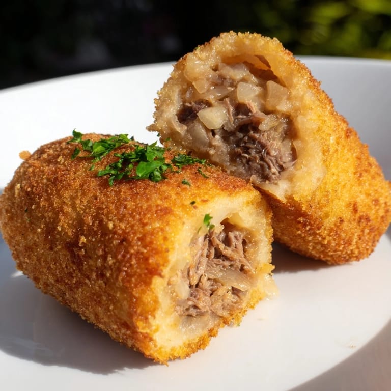 Close-up of freshly fried Dutch croquettes, revealing a creamy beef filling inside a golden crust.