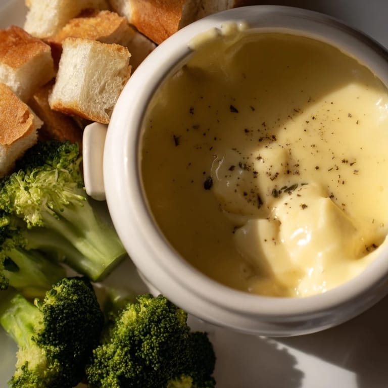 A creamy pot of Swiss cheese fondue, served with colorful fresh vegetables like tomatoes and carrots.