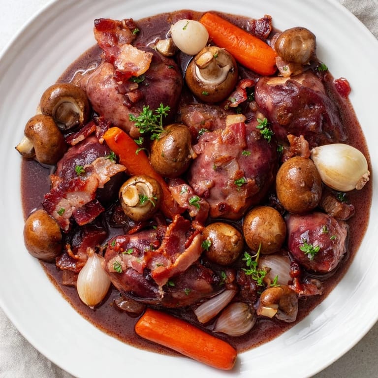 Hearty Coq au Vin, a classic French dish, served with crusty bread, ready to eat.