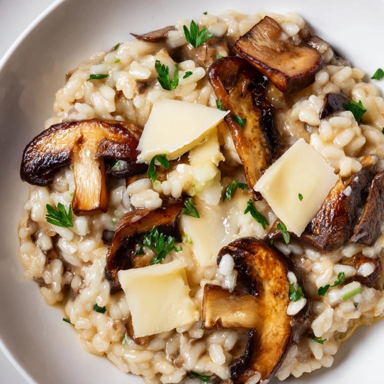 Close-up of golden Italian Mushroom Risotto, showcasing the creamy Arborio rice and rich flavors.