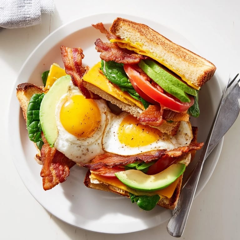 Two halves of a Loaded Breakfast Sandwich, with melted cheddar, fresh spinach, and ripe tomato slices, served on a plate.
