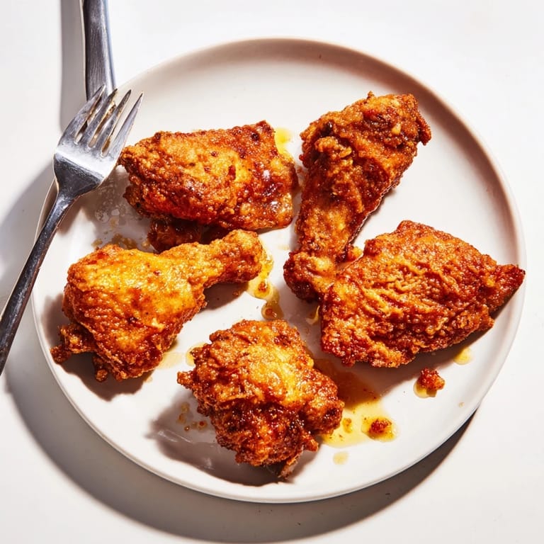 A close-up of tender, crispy chicken drizzled with warm hot honey butter sauce, garnished with pickles on the side.