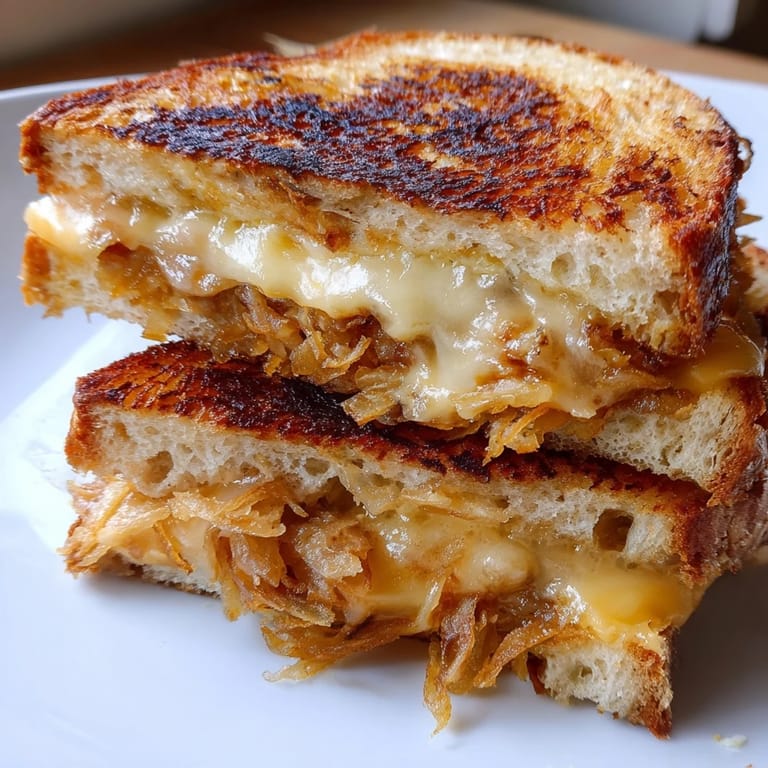 A close-up of Crispy Onion Grilled Cheese showing crispy onion layers, gooey cheese, and buttery toasted bread.