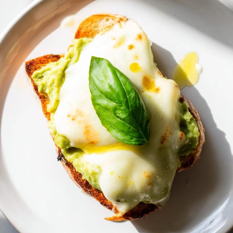 Golden, broiled Avocado Mozzarella Tartine drizzled with olive oil and finished with a pinch of red pepper flakes.