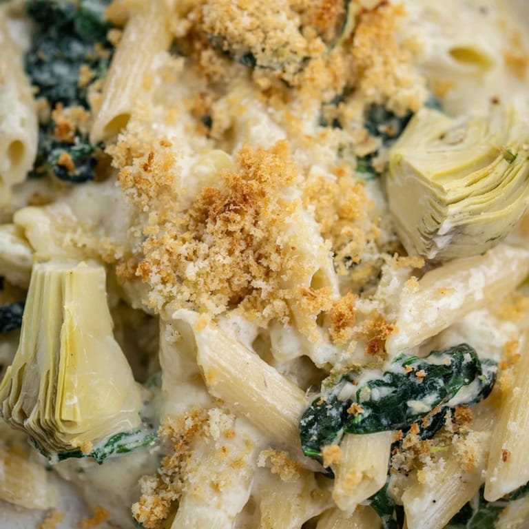 A close-up view of the Artichoke Pasta Bake reveals tender artichoke hearts and wilted spinach in a rich, cheesy cream sauce.