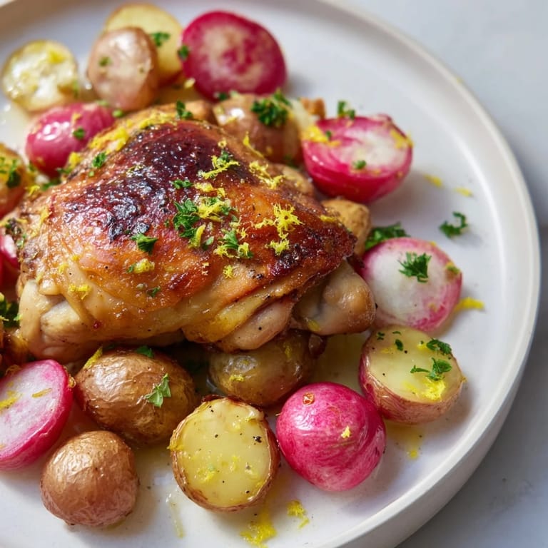 This Roasted Radish & Chicken Sheet Pan emerges from the oven with sizzling skin, vibrant radishes, and lemony aroma, ready to serve over fluffy quinoa.
