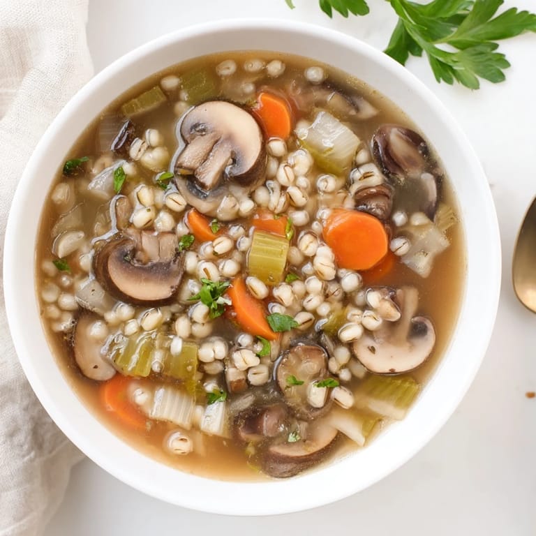 Spoon dipping into a hearty bowl of Mushroom and Barley Soup, steam rising from the savory broth.