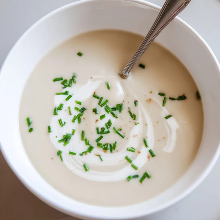 Silky smooth celery root bisque in a warm bowl, topped with a swirl of cream and fresh herbs.