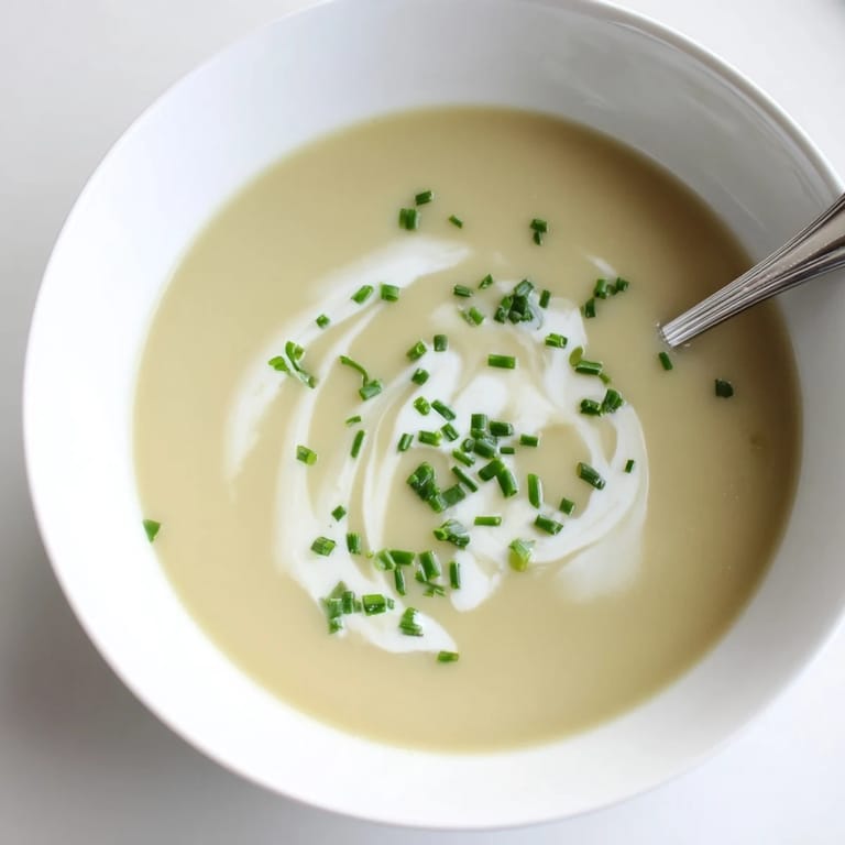 A bowl of velvety celery root bisque, garnished with microgreens and paired with crusty bread for dipping.