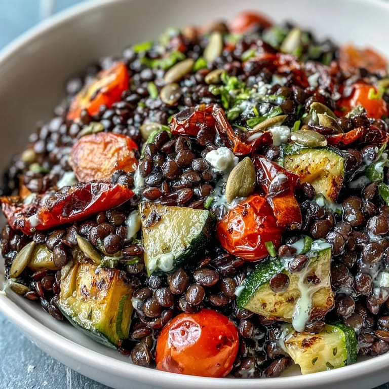 A close-up of freshly made Black Lentil Salad shows parsley garnish and optional feta cheese.