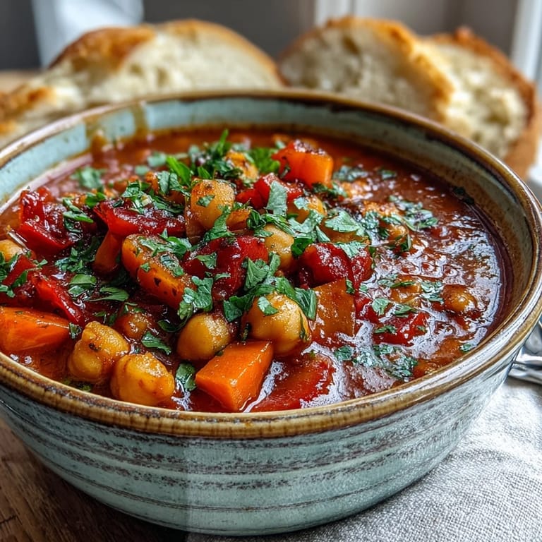 Spicy Chickpea Stew simmering in a pot, featuring vibrant diced carrots and red bell peppers in a rich tomato broth.