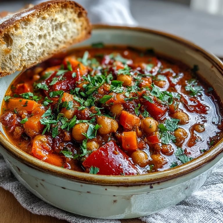 A spoon lifting a hearty serving of Spicy Chickpea Stew, revealing tender chickpeas and aromatic spices, ready to be served.