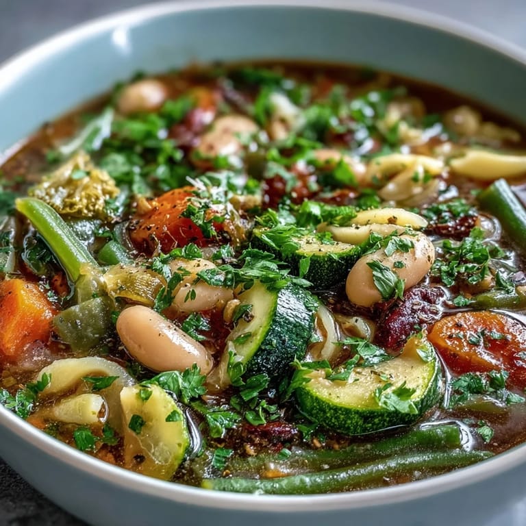 Close-up of Minestrone Vegetable Soup revealing colorful vegetables and beans simmering in rich, savory tomato broth.