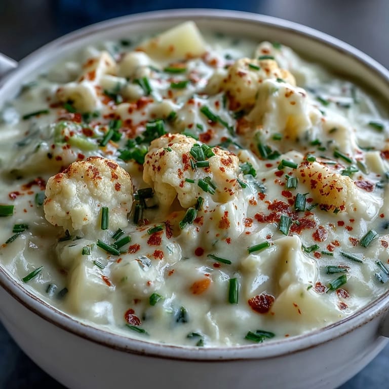 Hearty vegetarian cauliflower chowder garnished with parsley, ready to enjoy with a spoon.