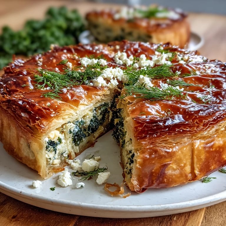Freshly baked feta and kale börek, its golden filo crust peeking over a vibrant green and white cheesy interior.