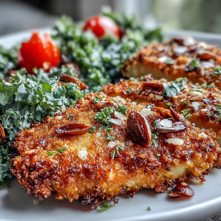 Juicy almond-crusted chicken is plated next to a fresh kale and sumac salad, ready for a wholesome family dinner.