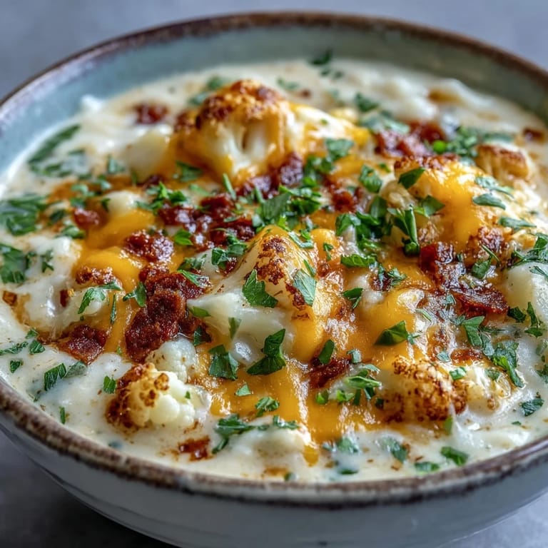 Warm bowl of Vegetarian Cauliflower Chowder, featuring tender cauliflower florets and soft potatoes in a velvety, golden broth with melted cheddar.