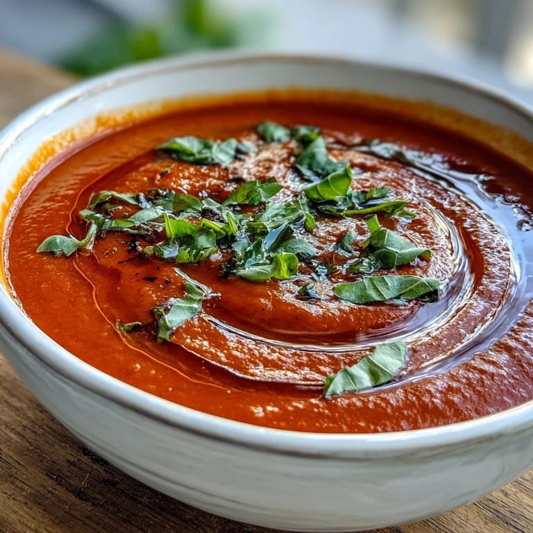 Close-up view of simmering Tomato and Basil Soup in a saucepan, with chopped tomatoes and aromatic garlic in the background.
