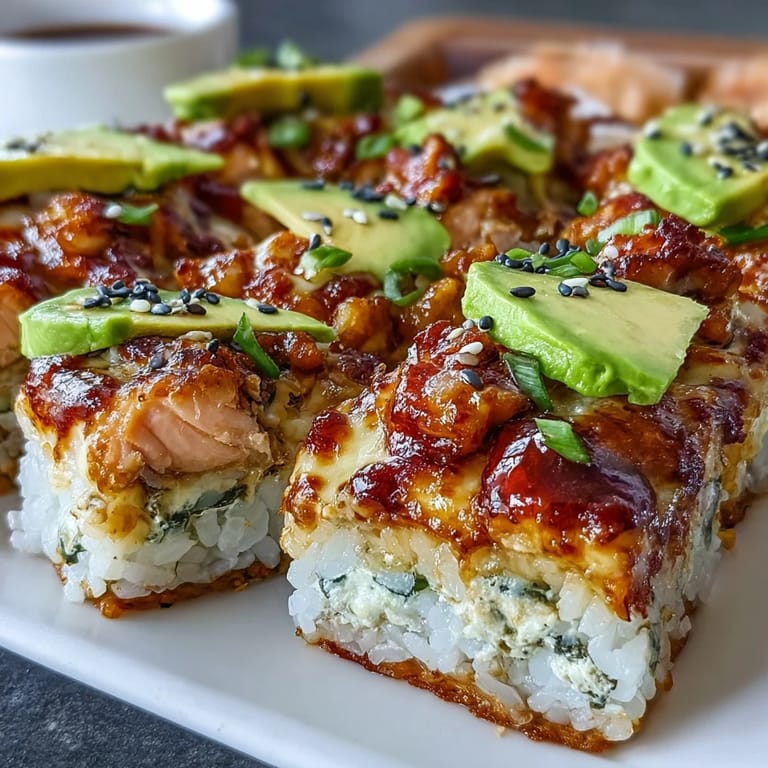 Deconstructed Spicy Salmon Sushi Bake layered with seasoned rice and flaked salmon, perfect for a crowd.