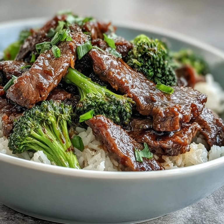 Sliced green onions and sesame seeds garnish a fresh serving of Beef and Broccoli Bowl, steaming beside chopsticks.