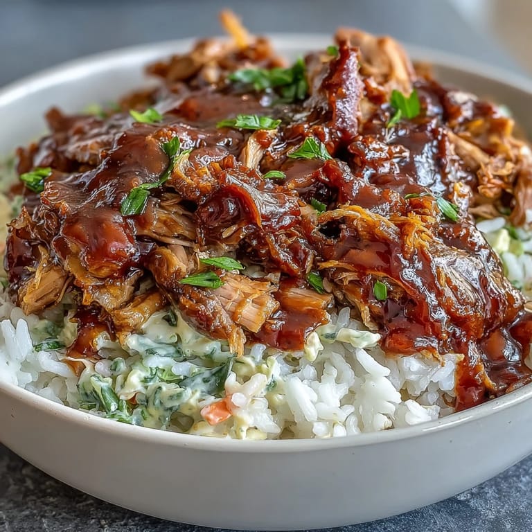 Savory pulled pork bowl with coleslaw and BBQ drizzle, served over steamed rice for a satisfying dinner.