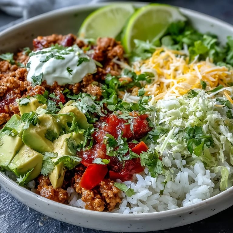 This colorful Turkey Taco Bowl features lettuce, sour cream, and fresh cilantro, served with lime wedges for a zesty squeeze.