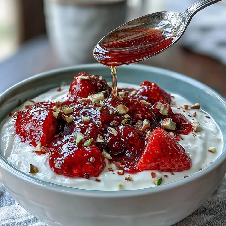 Creamy Greek yogurt layered with luscious homemade strawberry compote, crunchy granola, and fresh mint leaves.