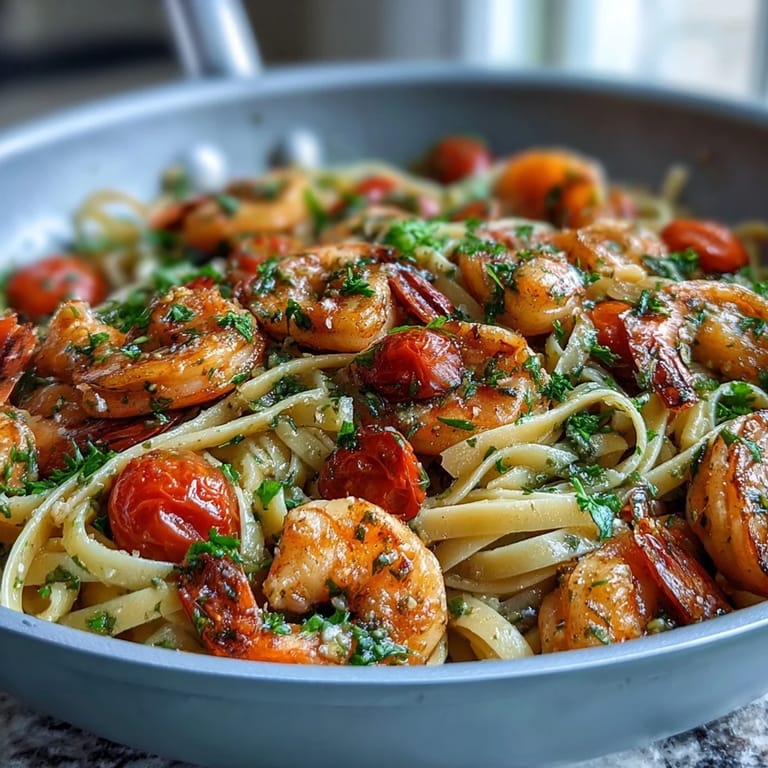 Aromatic one-pot meal of garlic shrimp and angel hair pasta, tossed with cherry tomatoes, snap peas, and baby spinach.  
