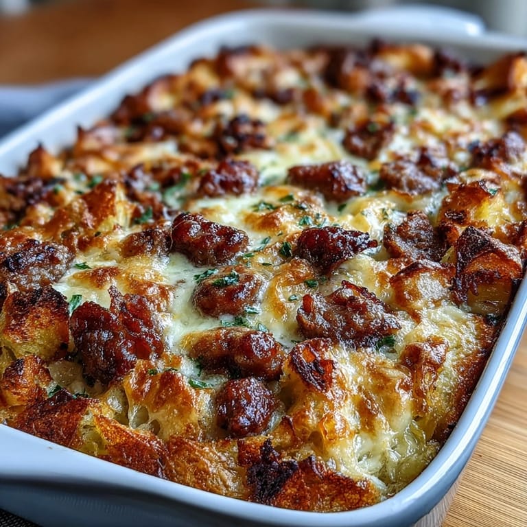 Savory breakfast casserole loaded with sausage, bell peppers, hash browns, and cheddar cheese, perfect for feeding a crowd.
