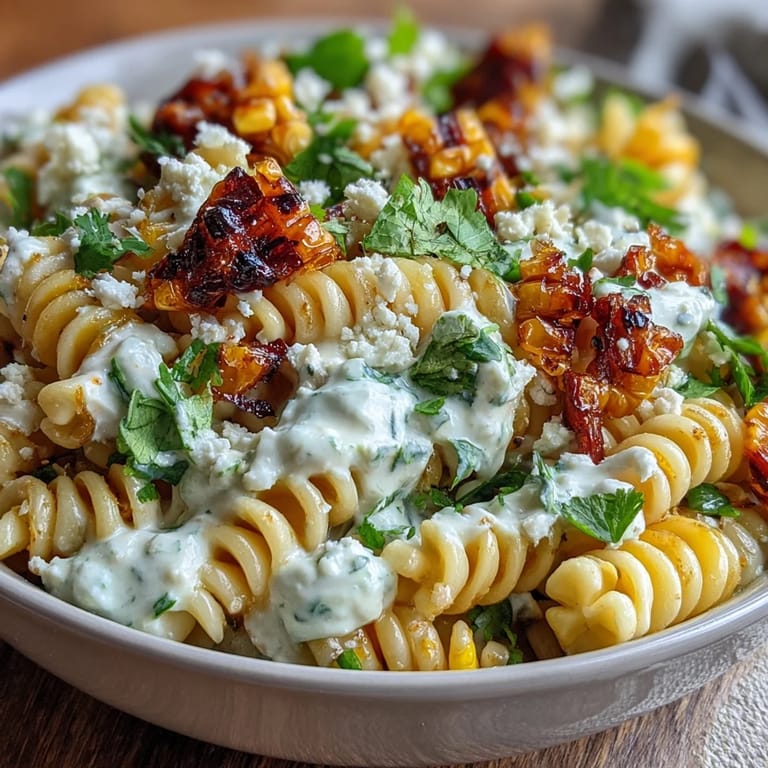 Colorful Mexican Street Corn Elote Pasta Salad with smoky paprika, jalapeño, and cotija cheese, ideal for warm-weather gatherings.