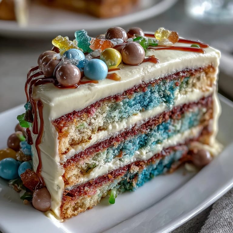 Colorful hidden candy piñata cake with rainbow cake layers, frosted in white and topped with festive sprinkles for Cinco de Mayo.