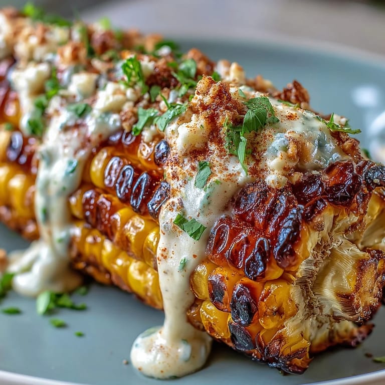 Smoky grilled corn slathered in tangy elote sauce, topped with crumbled cheese and fresh cilantro for a vibrant side dish.