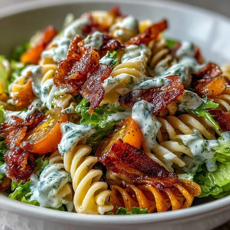 Creamy avocado ranch BLT pasta with crunchy lettuce and cherry tomatoes, a refreshing main dish for warm weather.  