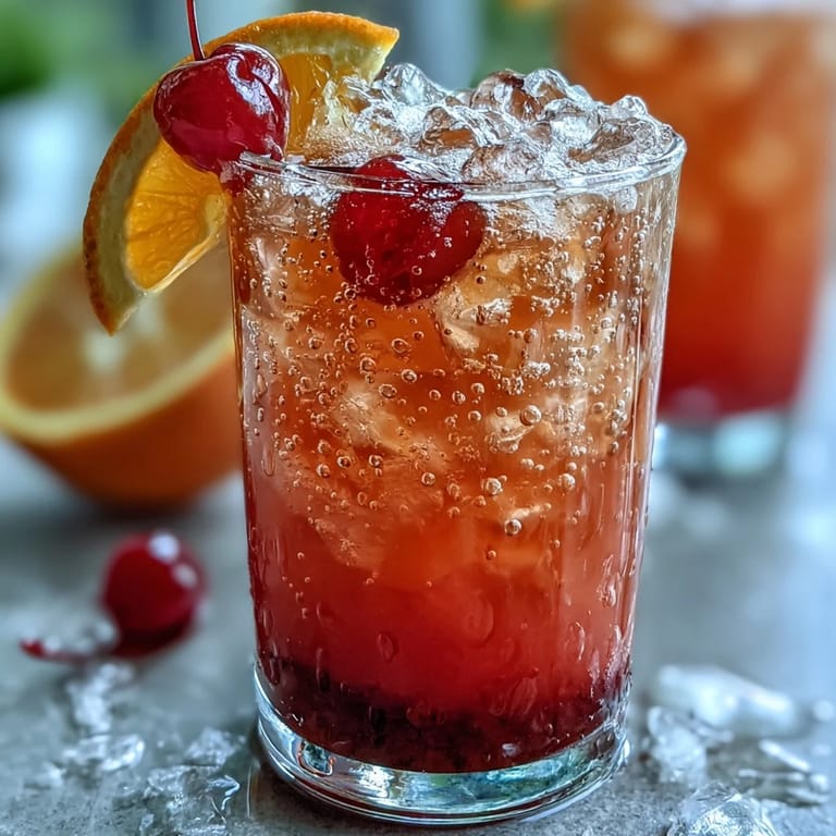 Elegant grenadine sunrise mocktail with orange-pineapple juice, topped with sparkling water and garnished with cherry.