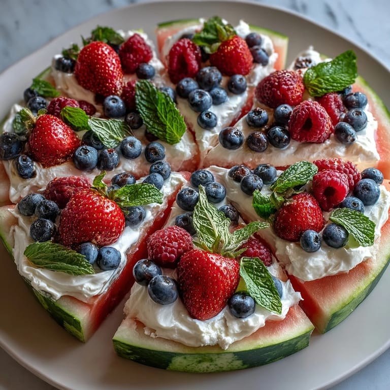 Refreshing watermelon pizza dessert, adorned with a creamy topping and fresh berries.