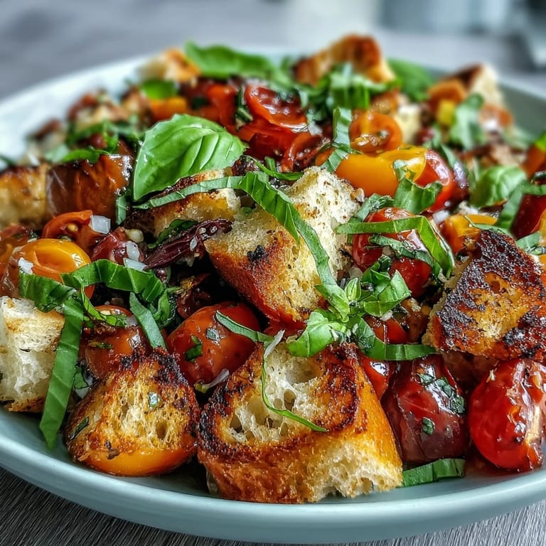 Beautiful bowl of Summer Panzanella, showcasing charred bread and ripe, colorful produce.