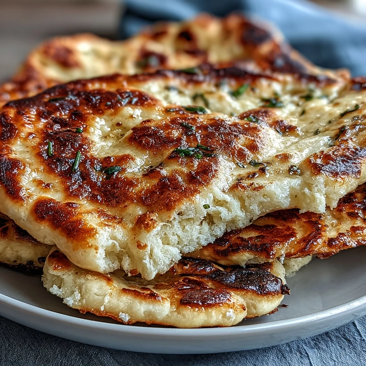Freshly baked The Best Easy Garlic Naan Bread with golden bubbles and melted butter brushed on top, served warm alongside a steaming curry dish.
