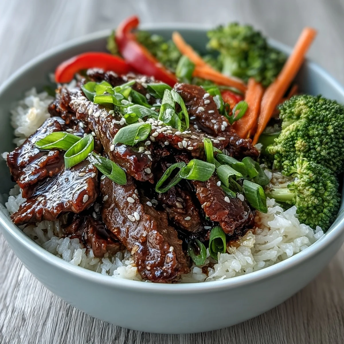 Tender beef slices glazed in teriyaki sauce, served over fluffy rice with crisp vegetables.