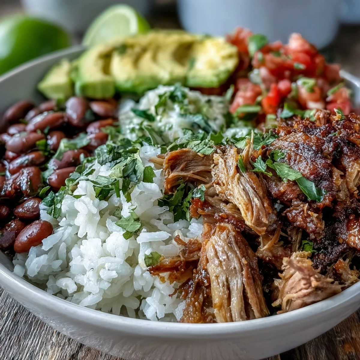Steamy, crispy carnitas bowl with fluffy rice, pinto beans, and fresh pico de gallo.