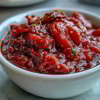 Guava Chutney in a white bowl, garnished with curry leaves and fresh cilantro for vibrant South Indian flair.