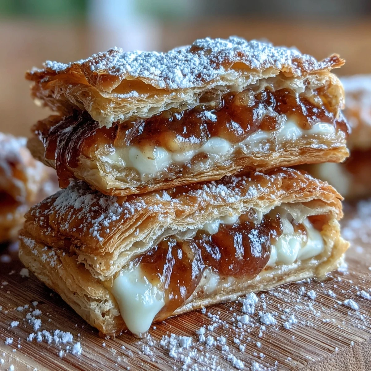 Freshly baked Guava Cheese Pastries rest on a cooling rack with a light powdered sugar dusting.