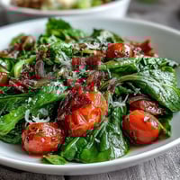 Fresh dandelion greens salad with lemon vinaigrette and Parmesan, vibrant and zesty with cherry tomatoes and pine nuts.