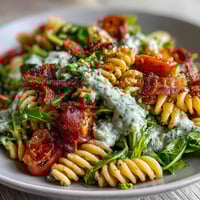 Vibrant BLT pasta salad with crispy bacon, juicy tomatoes, and creamy avocado ranch dressing, perfect for summer picnics.  