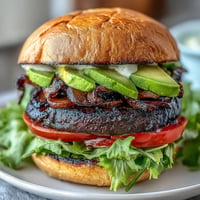 Juicy grilled portobello mushroom burgers topped with creamy avocado slices.